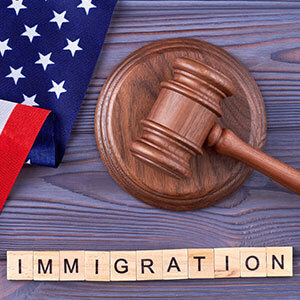 Immigration law concept with gavel and American flag